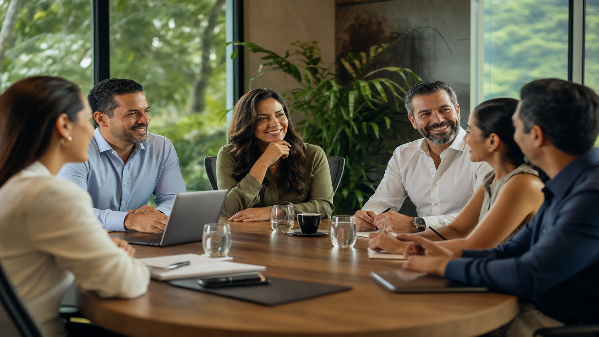 Equipo diverso de profesionales sonriendo y colaborando en una oficina luminosa