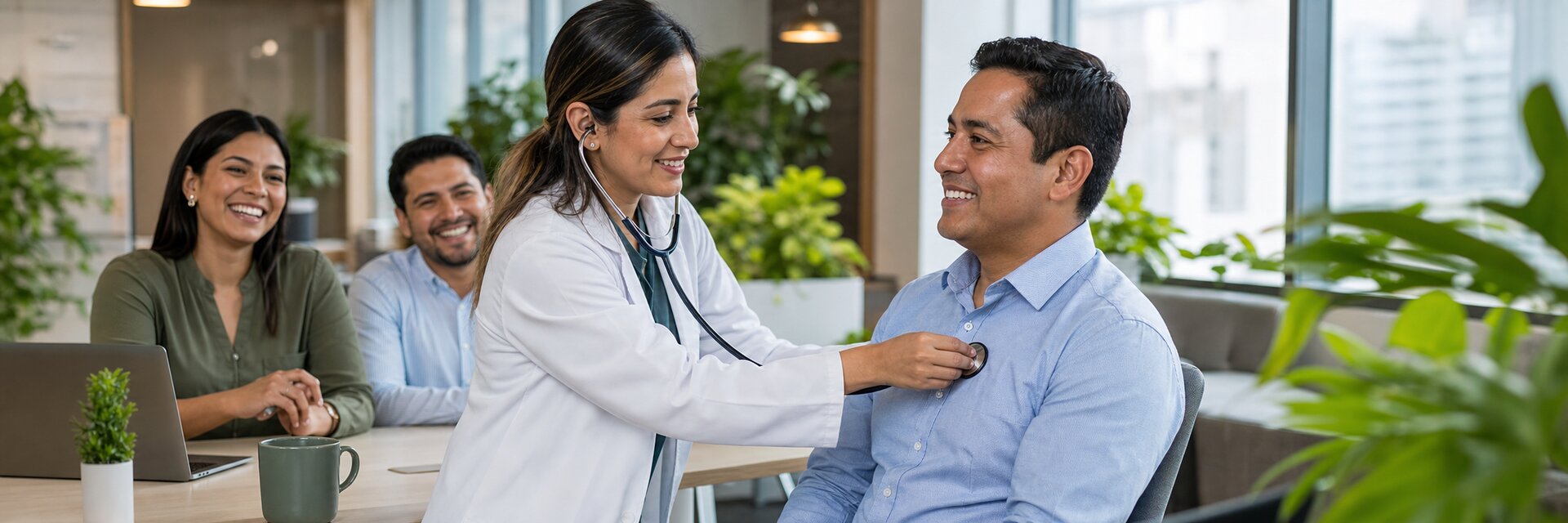Equipo de bienestar corporativo realizando un chequeo de salud en la oficina
