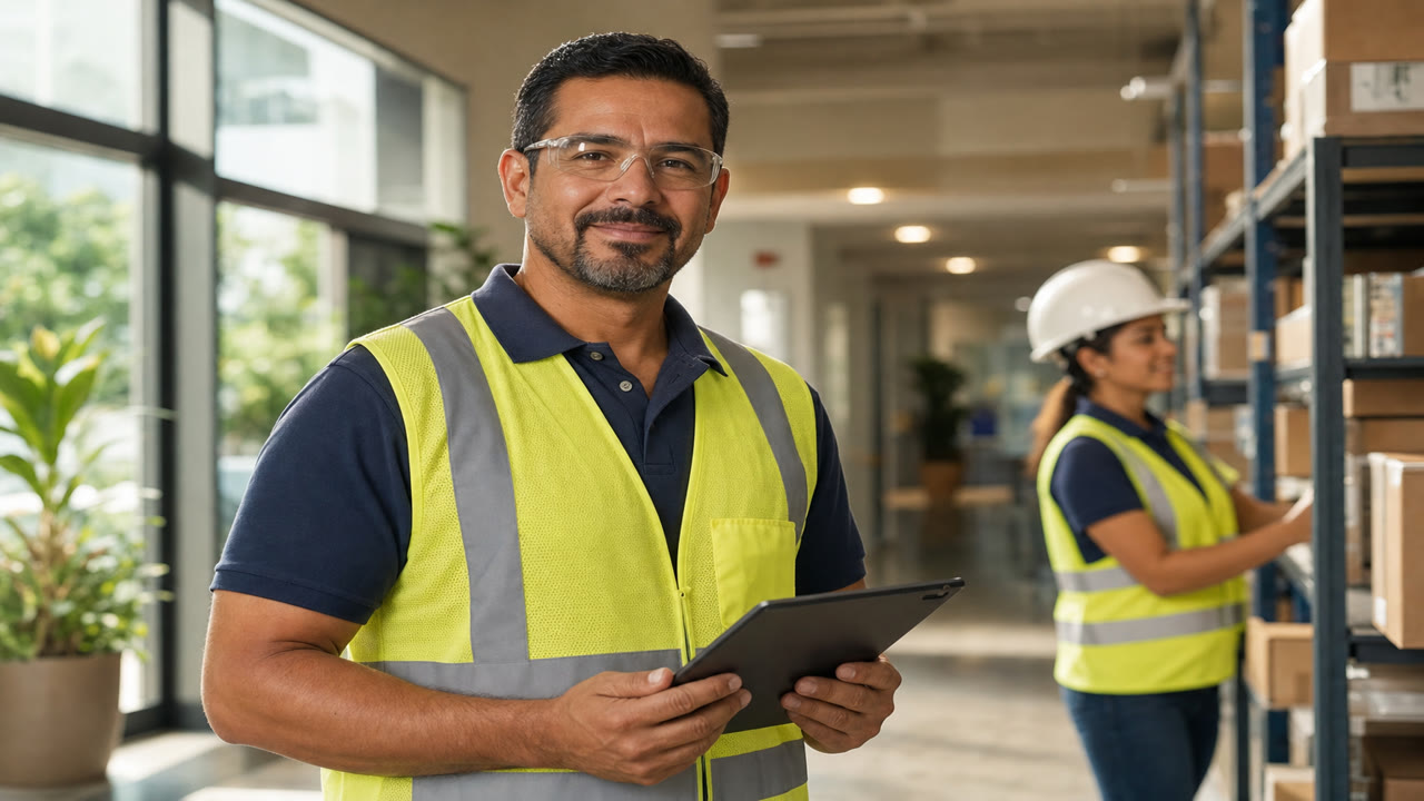 Profesional de seguridad ocupacional junto a un trabajador
